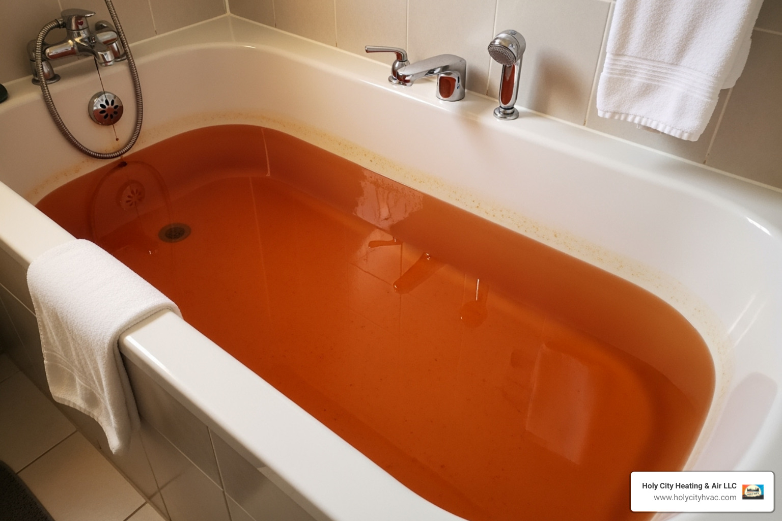 discolored, rusty water filling a white bathtub - plumber water heater repair discolored, rusty water filling a white bathtub - plumber water heater repair