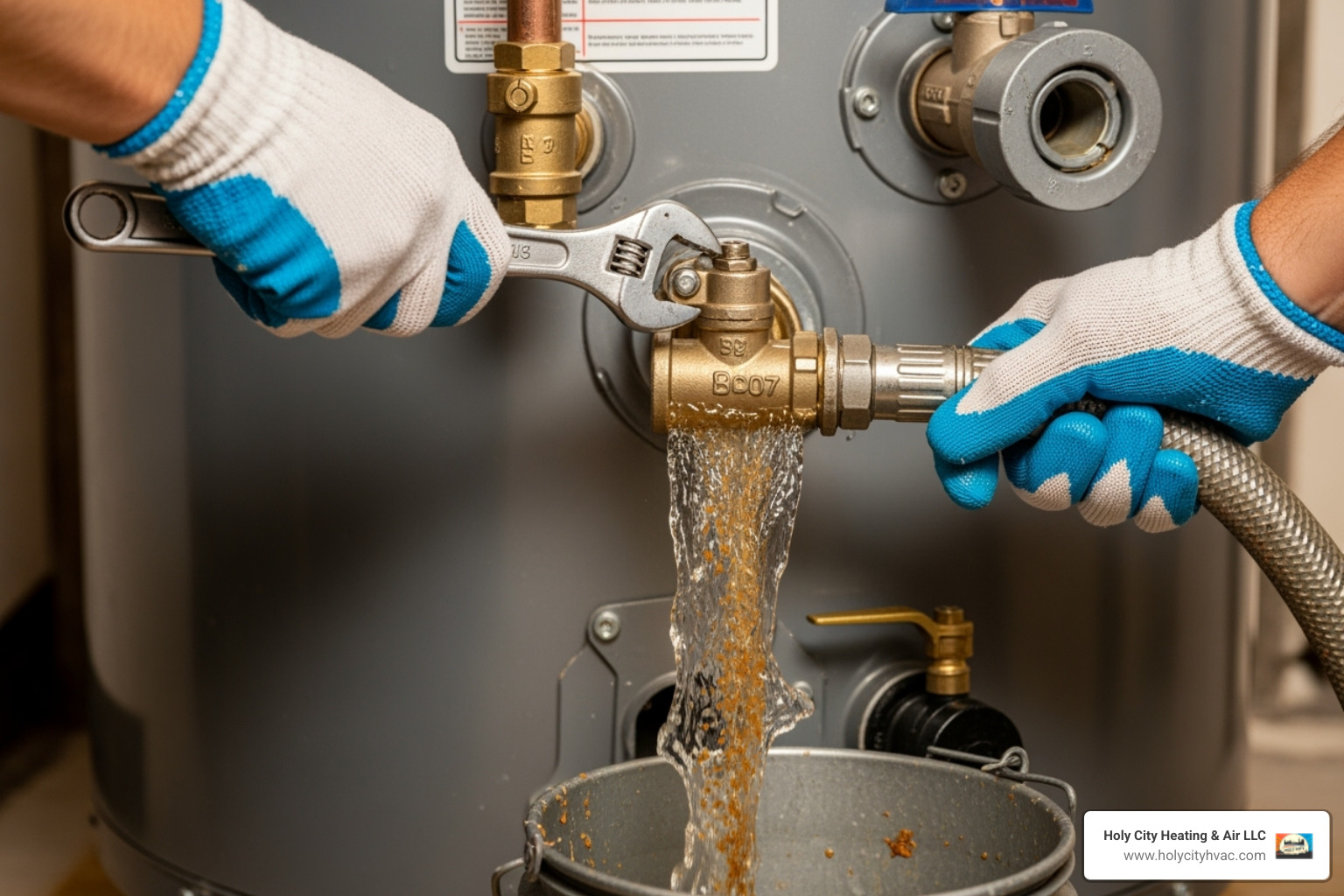 a plumber's hands flushing sediment from a water heater's drain valve - plumber water heater repair a plumber's hands flushing sediment from a water heater's drain valve - plumber water heater repair
