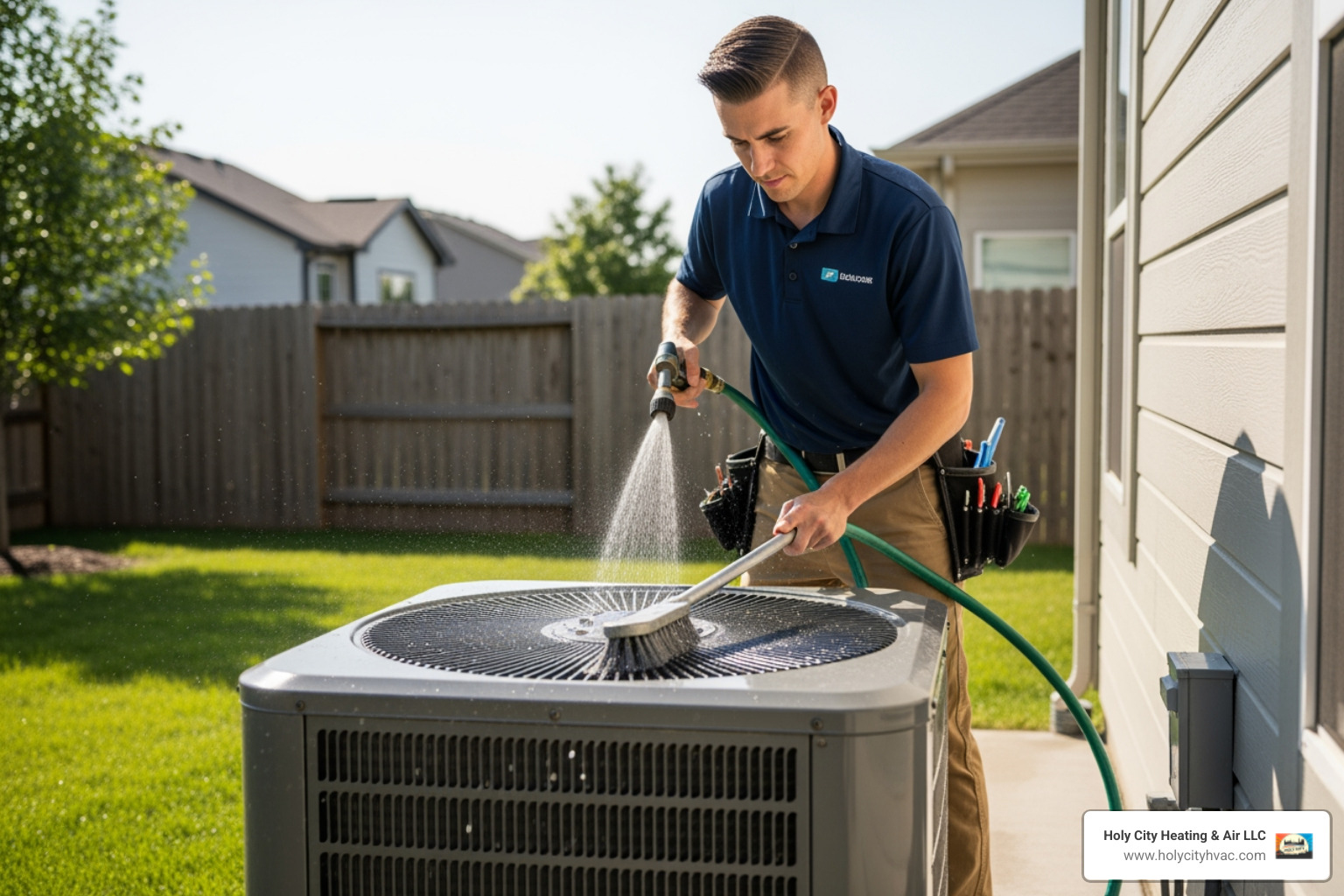 Technician cleaning a dirty outdoor condenser unit - residential hvac repair