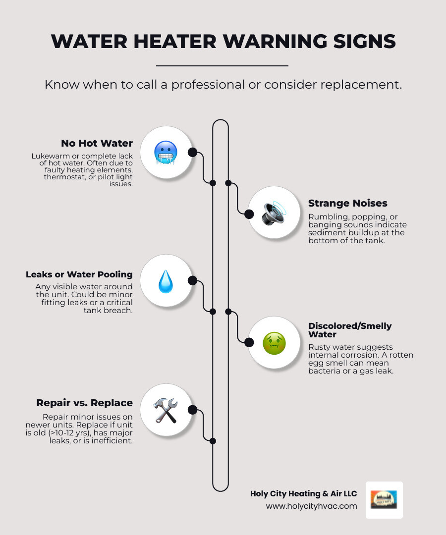 infographic showing common water heater problems and when to call a professional, including warning signs like no hot water, leaks, strange noises, rusty water, and fluctuating temperatures, alongside quick decision points for repair versus replacement based on age and severity - water heating repair near me infographic infographic-line-5-steps-elegant_beige infographic showing common water heater problems and when to call a professional, including warning signs like no hot water, leaks, strange noises, rusty water, and fluctuating temperatures, alongside quick decision points for repair versus replacement based on age and severity - water heating repair near me infographic infographic-line-5-steps-elegant_beige
