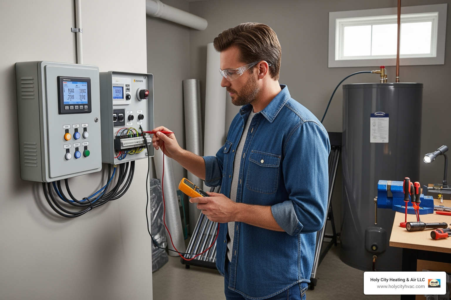 homeowner safely inspecting solar water heater control panel - solar water heating system repair homeowner safely inspecting solar water heater control panel - solar water heating system repair