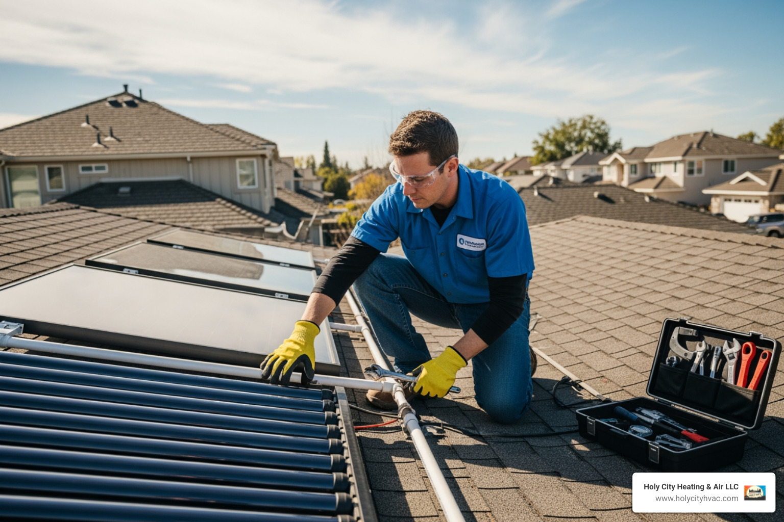 technician performing a solar water heating system tune-up - solar water heating system repair technician performing a solar water heating system tune-up - solar water heating system repair