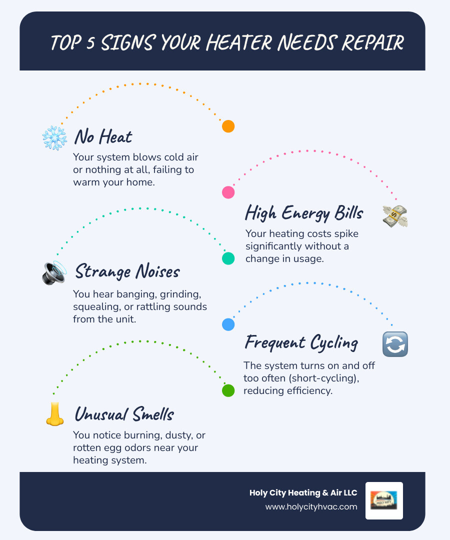 Infographic detailing the top 5 signs a heating system needs repair, including no heat, strange noises, high bills, short cycling, and unusual smells. - heating repair infographic infographic-line-5-steps-blues-accent_colors