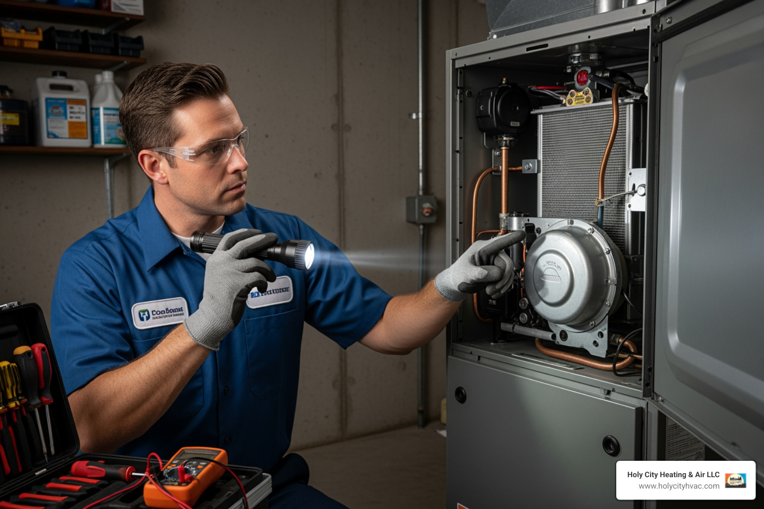 A professional HVAC technician in a clean uniform inspecting the internal components of a furnace with a flashlight, demonstrating expertise and attention to detail. - heating repair