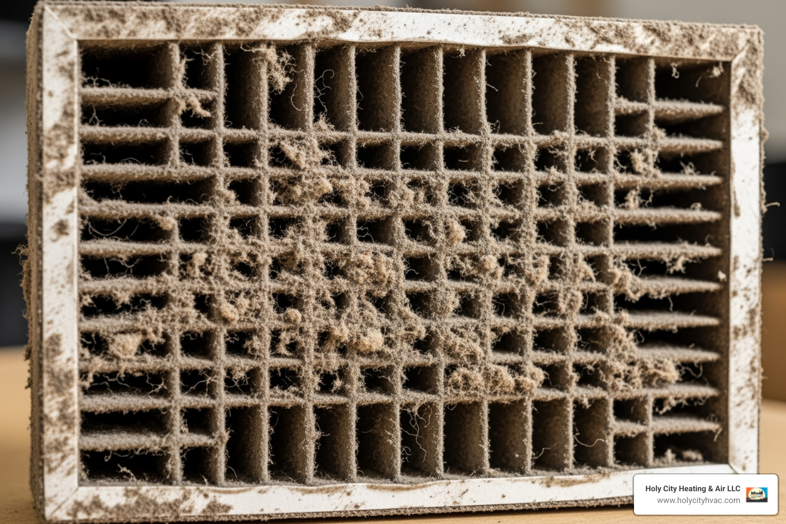 A close-up image of a dirty, clogged air filter removed from an HVAC system, highlighting the accumulation of dust and debris. - heating repair
