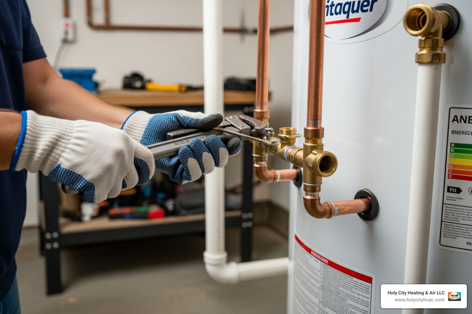 licensed plumber carefully connecting pipes to a new water heater - plumber for water heater installation licensed plumber carefully connecting pipes to a new water heater - plumber for water heater installation