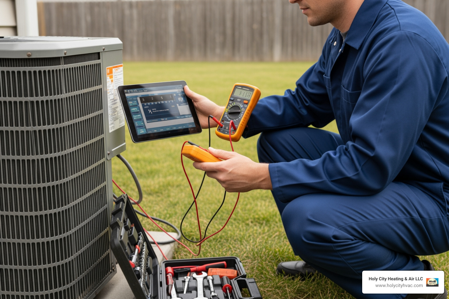 A professional HVAC technician in uniform diagnosing a Daikin outdoor unit with tools and a tablet - daikin ac repair A professional HVAC technician in uniform diagnosing a Daikin outdoor unit with tools and a tablet - daikin ac repair