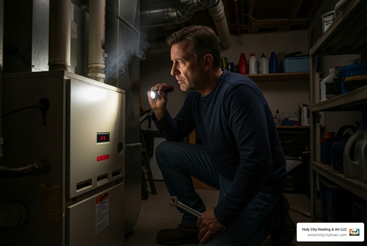 Infographic showing the top 5 signs you need emergency furnace replacement: 1) Complete loss of heat in freezing weather, 2) Strong gas or fuel odors near the furnace, 3) Carbon monoxide detector alerting, 4) Loud banging, grinding, or scraping noises, 5) Cracked heat exchanger discovered during inspection - emergency furnace installation charleston Infographic showing the top 5 signs you need emergency furnace replacement: 1) Complete loss of heat in freezing weather, 2) Strong gas or fuel odors near the furnace, 3) Carbon monoxide detector alerting, 4) Loud banging, grinding, or scraping noises, 5) Cracked heat exchanger discovered during inspection - emergency furnace installation charleston