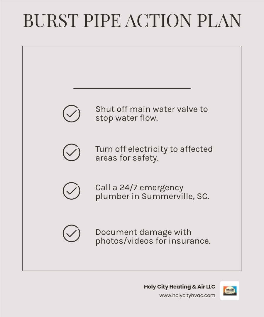 Infographic showing immediate steps when a pipe bursts: 1. Shut off main water valve to stop water flow. 2. Turn off electricity to affected areas to prevent electrocution. 3. Document damage with photos and video for insurance. 4. Call a 24/7 emergency plumber in Summerville SC. 5. Remove standing water if safe to do so. 6. Contact insurance provider to report claim. - "Find companies that handle a burst pipe emergency in Summerville, SC." infographic checklist-light-beige