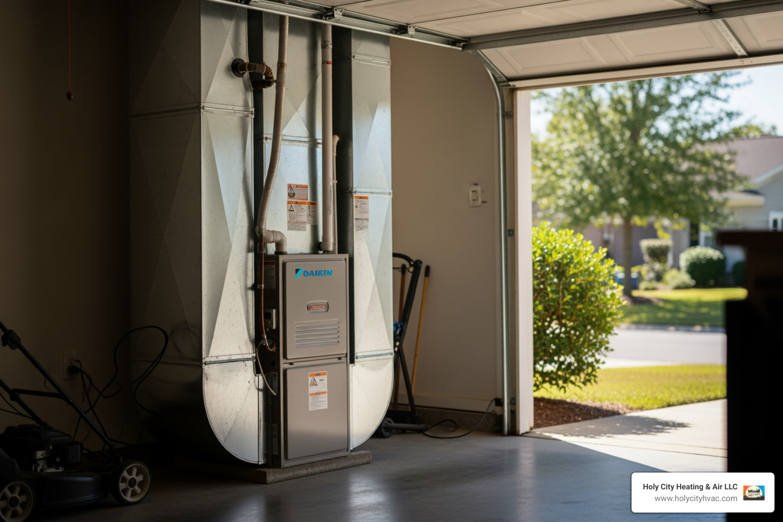 Infographic showing Daikin furnace benefits: up to 97% AFUE efficiency rating translating to lower monthly bills, stainless steel heat exchanger for durability, variable-speed blower for consistent comfort, modulating gas valve for precise temperature control, and integration with smart thermostats for remote management - daikin furnace in goose creek sc