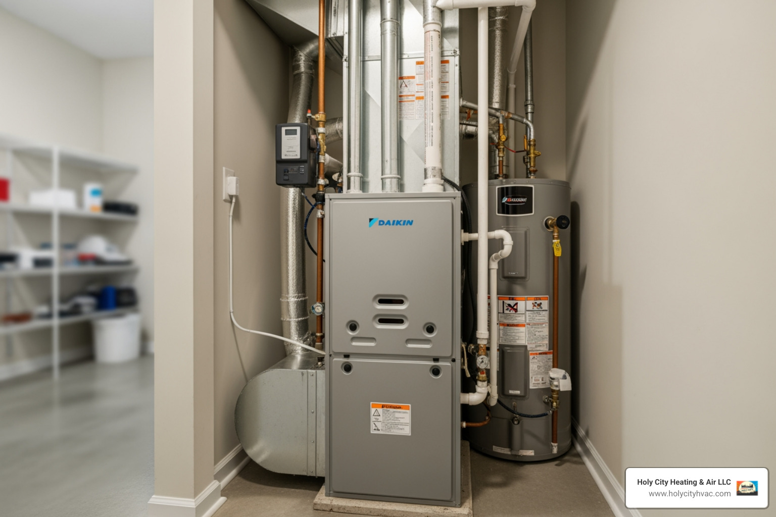 infographic showing Daikin furnace benefits including high AFUE efficiency ratings, inverter technology for energy savings, variable-speed blowers for consistent comfort, quiet operation, durable construction, and industry-leading warranties, with icons for each feature - daikin furnace near me in goose creek, sc