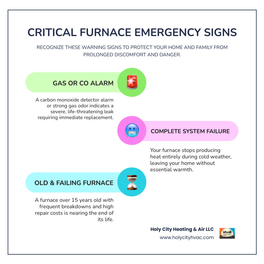 Infographic showing three critical emergency signs: 1) Gas or carbon monoxide detector alarm with red warning icon, 2) Complete heating system failure during cold weather with thermometer showing low temperature, 3) Furnace age over 15 years with frequent breakdowns indicated by repair toolbox and calendar - emergency furnace installation in charleston, sc infographic infographic-line-3-steps-colors