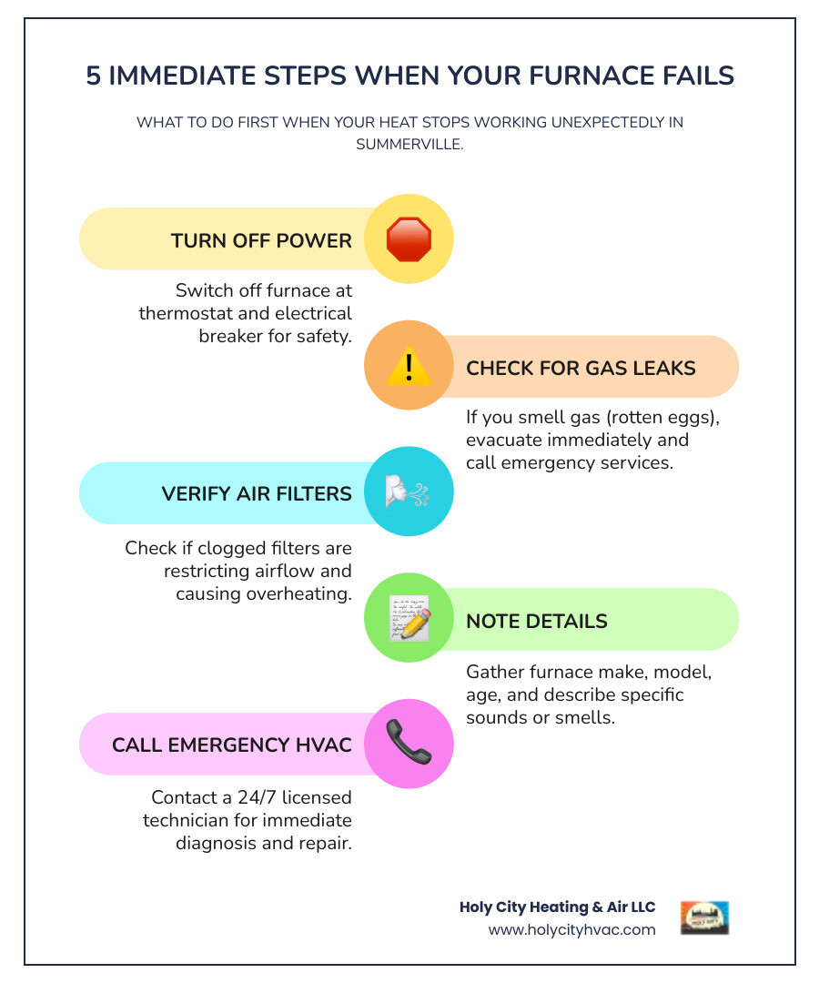 Infographic showing 5 immediate steps when your furnace fails: 1) Turn off the furnace at thermostat and breaker, 2) Check for gas odors and evacuate if present, 3) Verify air filters are not clogged, 4) Gather furnace model information, 5) Call a 24/7 emergency HVAC service - "I need an emergency furnace repair in Summerville. Who is available 24/7?" infographic infographic-line-5-steps-colors