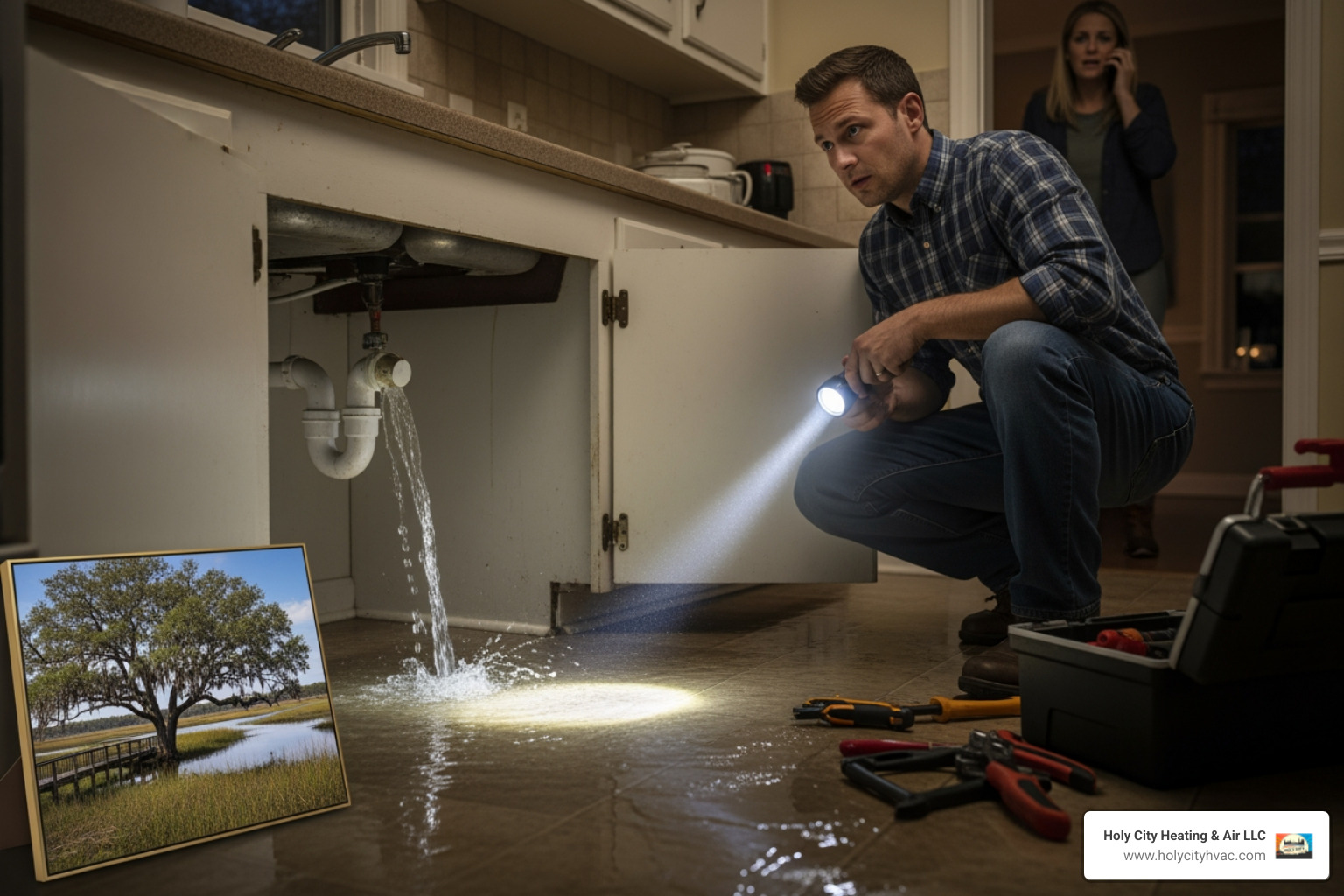 Infographic showing four critical steps when a pipe bursts: 1. Locate and turn off main water valve by turning clockwise, 2. Switch off electricity to affected areas at breaker box, 3. Call 24/7 emergency plumber with your address and pipe location ready, 4. Use towels and buckets to contain water while documenting damage with photos for insurance - "I have a burst pipe emergency in my house in Goose Creek. I need a plumber immediately." Infographic showing four critical steps when a pipe bursts: 1. Locate and turn off main water valve by turning clockwise, 2. Switch off electricity to affected areas at breaker box, 3. Call 24/7 emergency plumber with your address and pipe location ready, 4. Use towels and buckets to contain water while documenting damage with photos for insurance - "I have a burst pipe emergency in my house in Goose Creek. I need a plumber immediately."