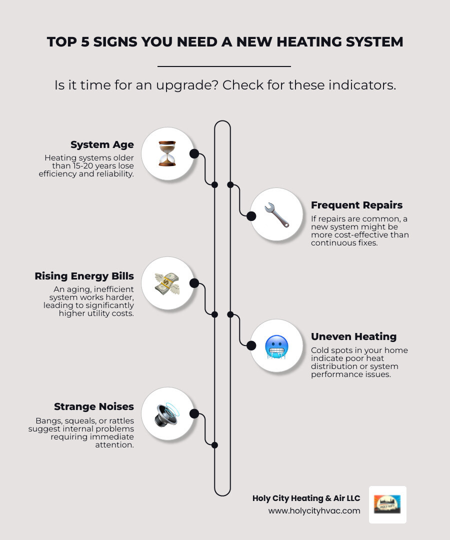 Infographic detailing the top 5 signs that indicate a need for a new heating system installation, including system age, frequent repairs, rising energy bills, uneven heating, and strange noises - best heating installation in johns island, sc infographic infographic-line-5-steps-elegant_beige Infographic detailing the top 5 signs that indicate a need for a new heating system installation, including system age, frequent repairs, rising energy bills, uneven heating, and strange noises - best heating installation in johns island, sc infographic infographic-line-5-steps-elegant_beige