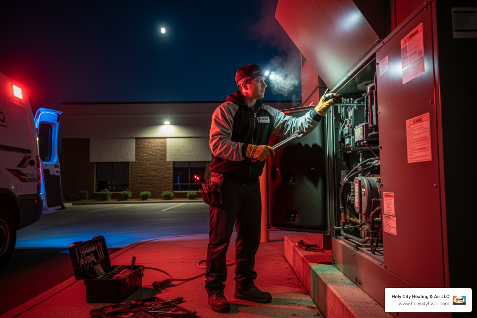 infographic showing emergency commercial heating repair response steps including safety checks, system shutdown procedures, professional contact protocols, and business continuity measures for Johns Island commercial properties - emergency commercial heating repair in johns island, sc