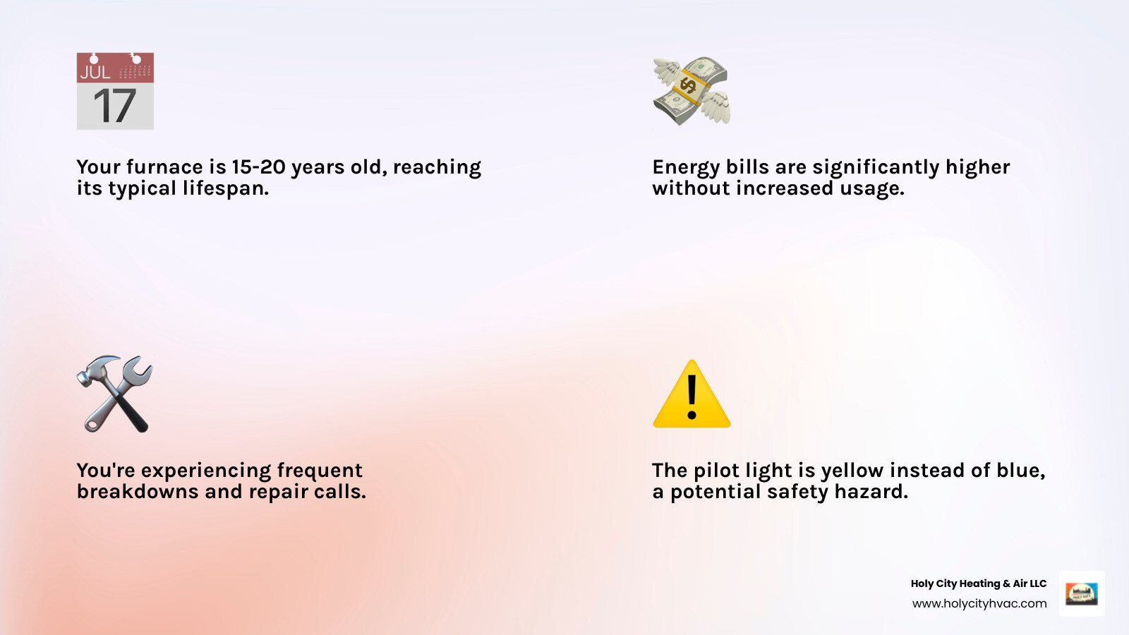 Infographic showing key signs you need furnace replacement: system age over 15 years, frequent repair calls, rising energy bills, uneven heating throughout home, strange noises like banging or squealing, yellow pilot light instead of blue, visible rust or corrosion, and declining indoor air quality - furnace installation company in daniel island, sc infographic 4_facts_emoji_light-gradient