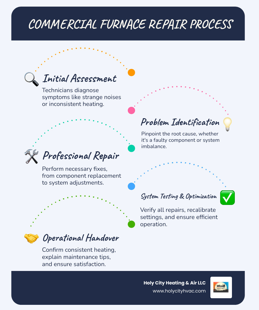 Infographic showing the commercial furnace repair process steps from diagnosis to fix - commercial furnace repair in goose Infographic showing the commercial furnace repair process steps from diagnosis to fix - commercial furnace repair in goose