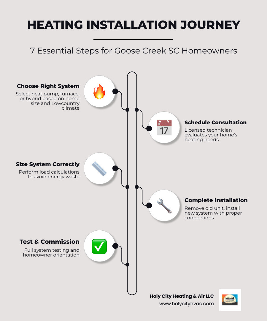 Infographic showing the 7-step heating installation journey for Goose Creek SC homeowners - heating installation in goose Infographic showing the 7-step heating installation journey for Goose Creek SC homeowners - heating installation in goose