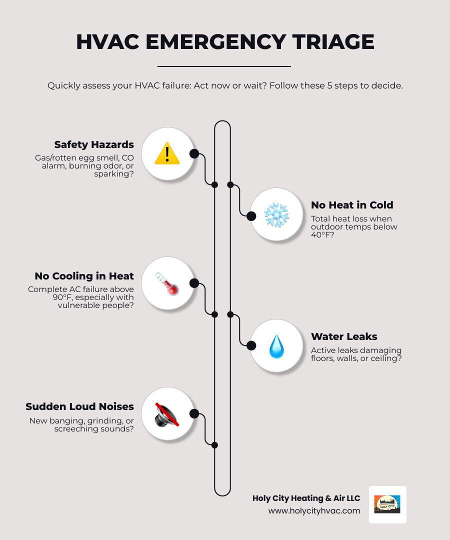 Infographic showing HVAC emergency triage: safety hazards act now, extreme weather with vulnerable residents act now, mild