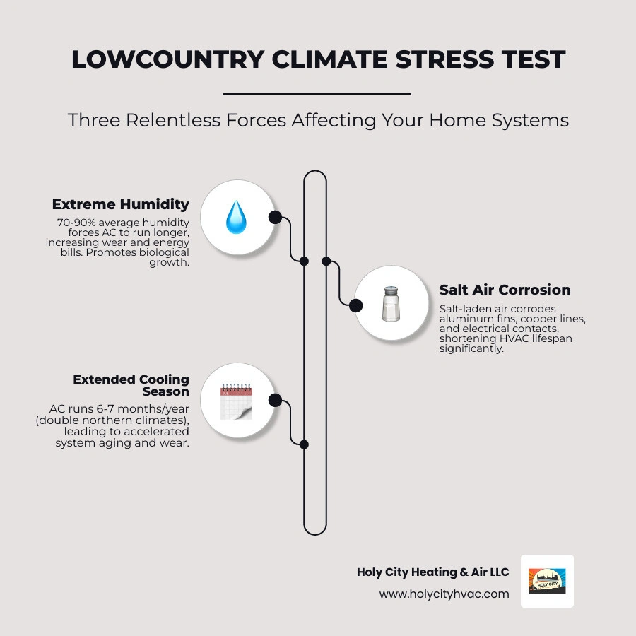 Infographic showing how Lowcountry humidity, salt air, and long cooling seasons stress HVAC and plumbing systems - how Infographic showing how Lowcountry humidity, salt air, and long cooling seasons stress HVAC and plumbing systems - how
