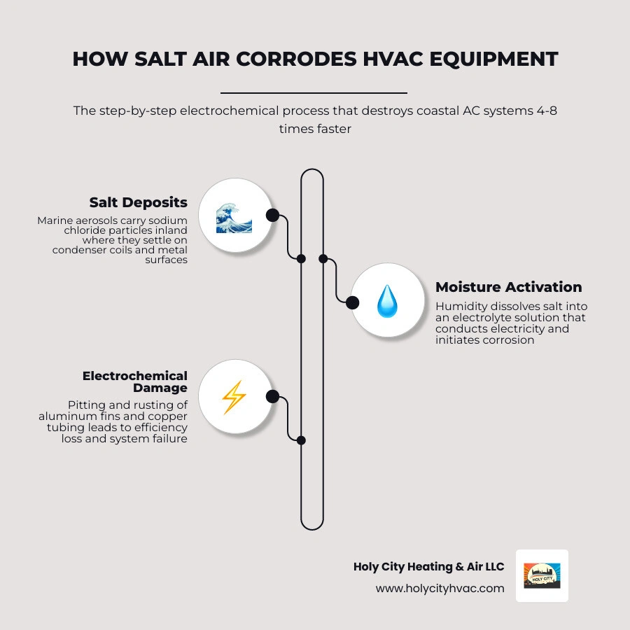 Infographic showing how salt air travels inland from the ocean and corrodes HVAC components step by step infographic Infographic showing how salt air travels inland from the ocean and corrodes HVAC components step by step infographic