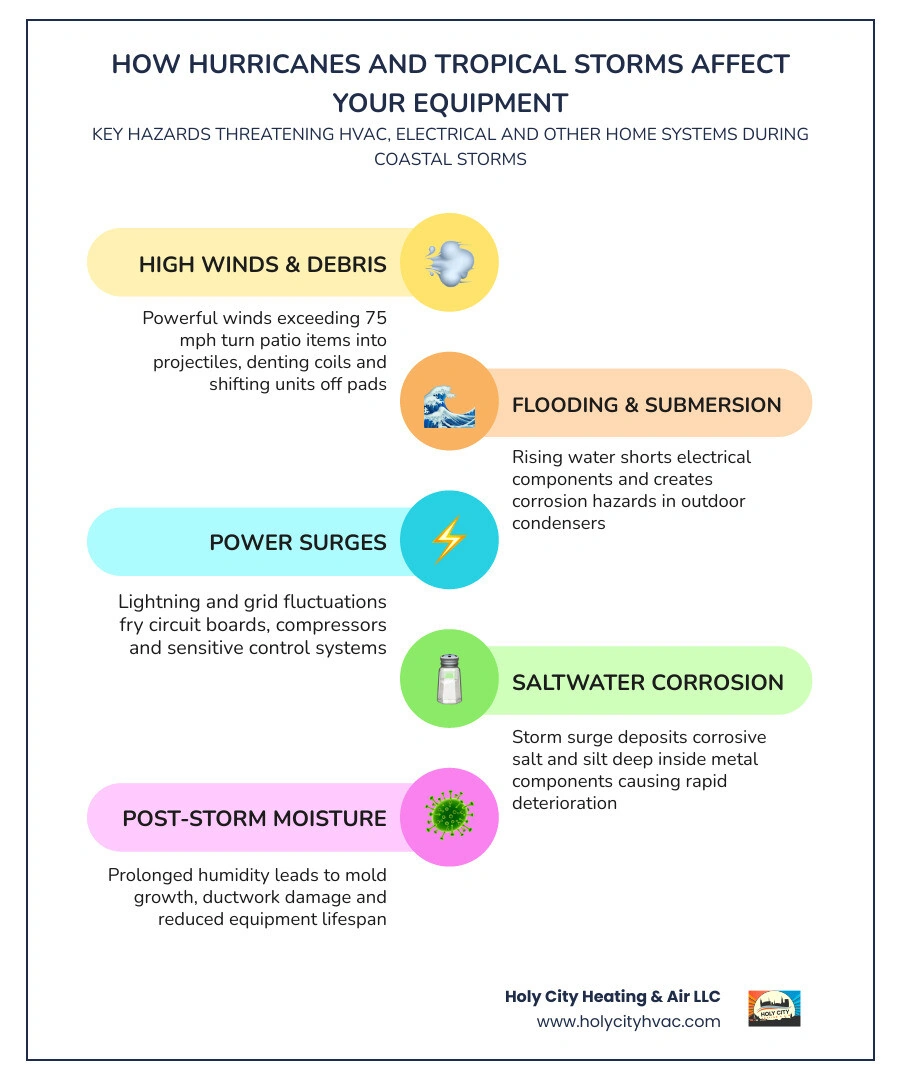 Infographic showing hurricane storm hazards including wind debris flooding power surges and saltwater corrosion damage to Infographic showing hurricane storm hazards including wind debris flooding power surges and saltwater corrosion damage to