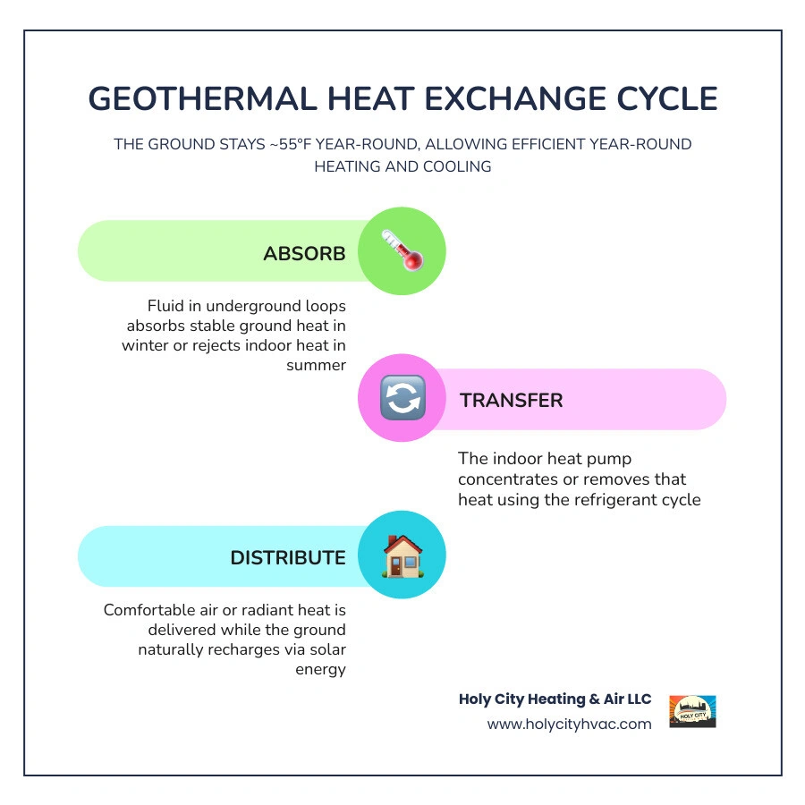 Infographic showing underground heat exchange cycle: sun heats ground, loops absorb heat, pump transfers to home, summer Infographic showing underground heat exchange cycle: sun heats ground, loops absorb heat, pump transfers to home, summer