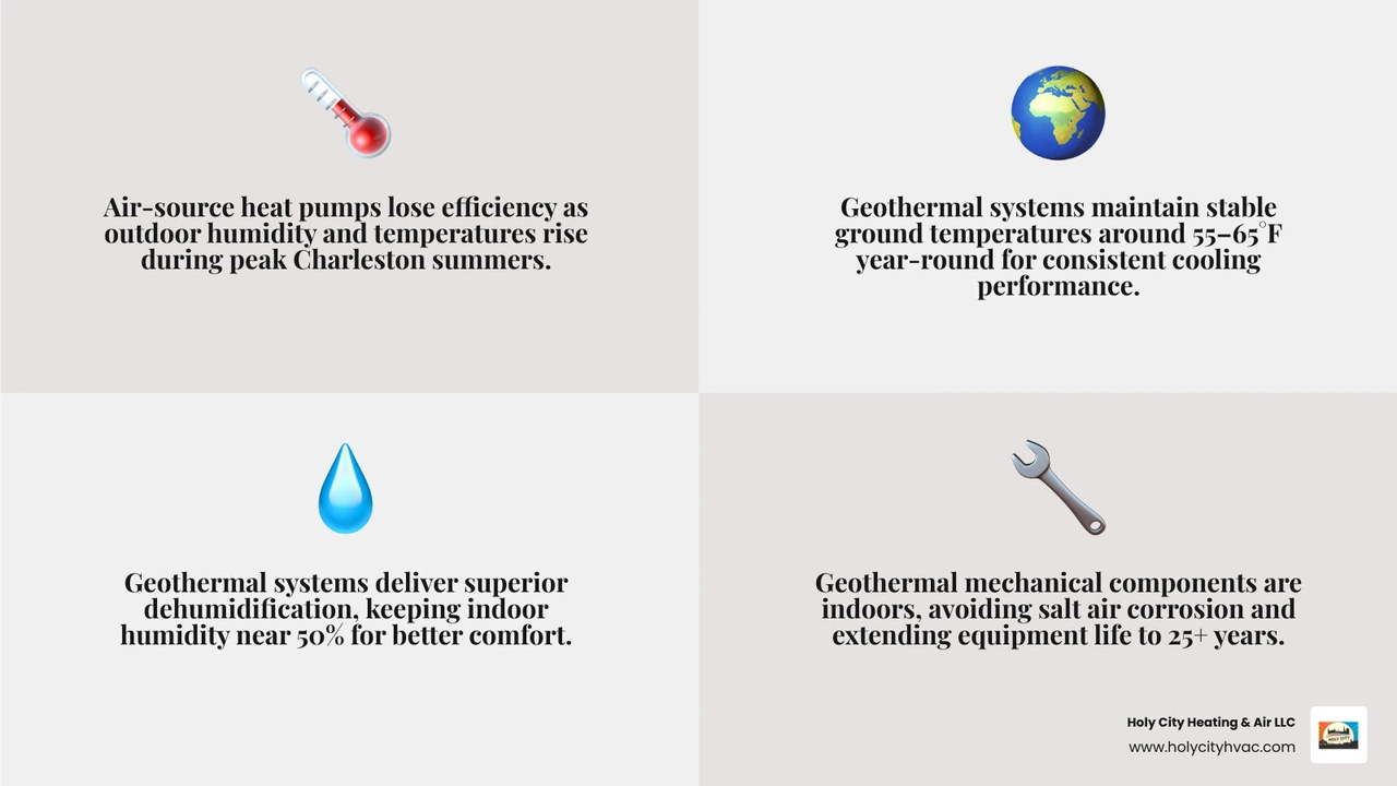 Infographic comparing air-source heat pump vs geothermal efficiency in humid climates: humidity impact, COP Infographic comparing air-source heat pump vs geothermal efficiency in humid climates: humidity impact, COP