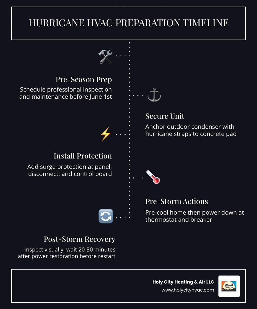 Hurricane HVAC preparation timeline infographic showing pre-season, pre-storm, during storm, and post-storm steps infographic