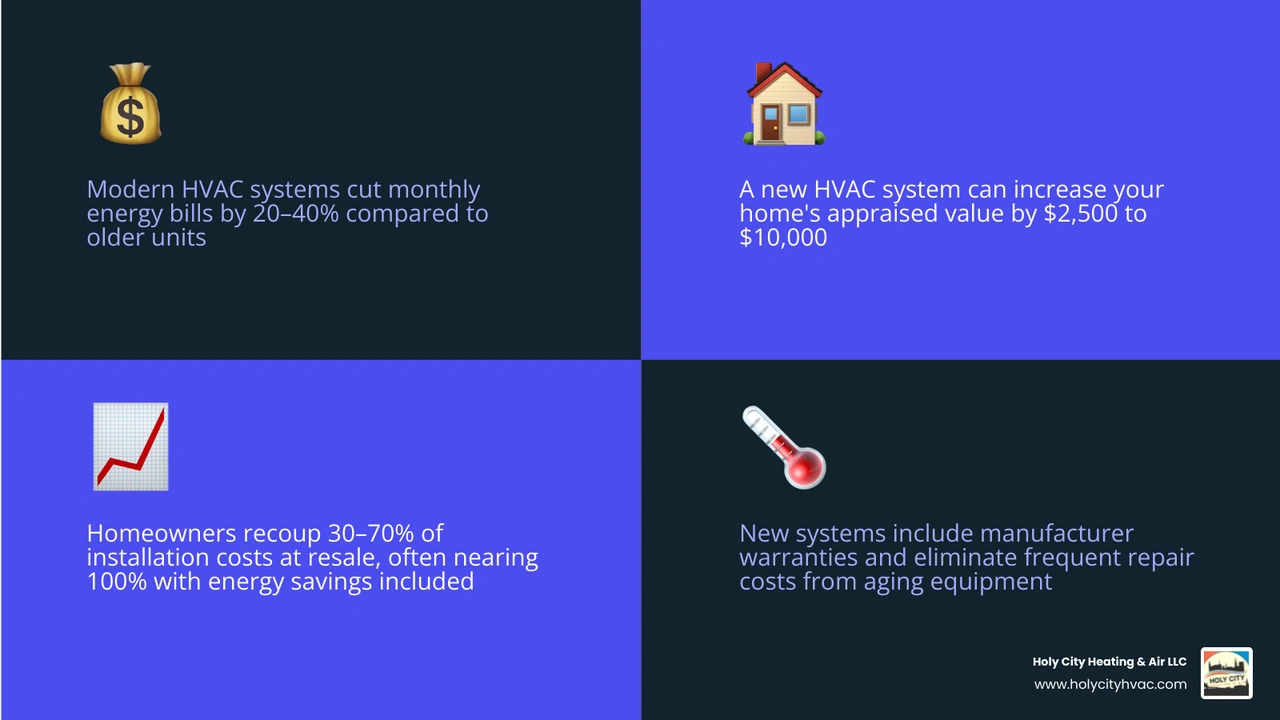 Infographic showing key benefits of HVAC replacement: energy savings, home value, ROI, safety, and tax credits infographic