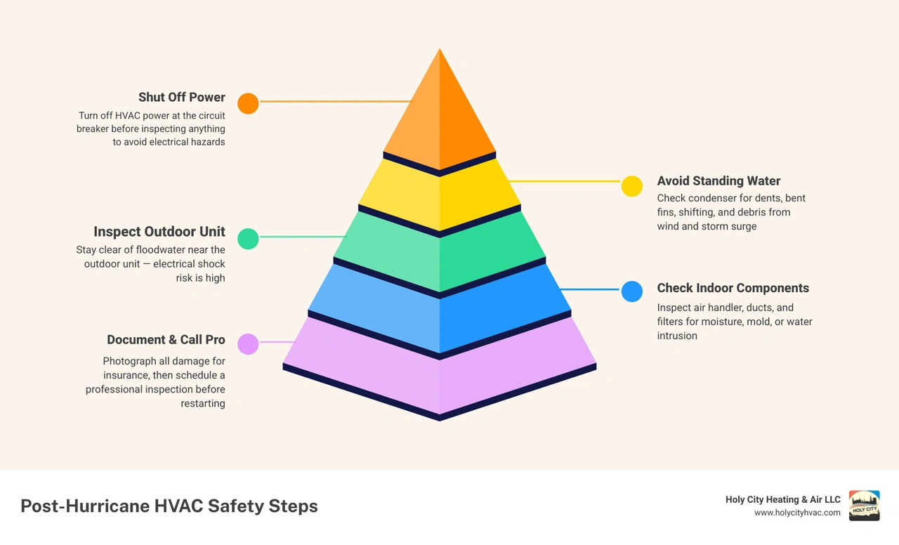 Post hurricane HVAC inspection checklist infographic showing 8 key steps from power shutoff to professional inspection Post hurricane HVAC inspection checklist infographic showing 8 key steps from power shutoff to professional inspection