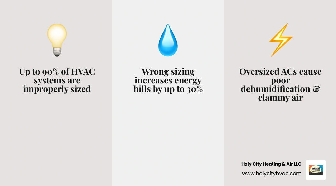 Infographic showing how HVAC system size affects comfort, humidity, energy bills, and system lifespan - why correct system Infographic showing how HVAC system size affects comfort, humidity, energy bills, and system lifespan - why correct system