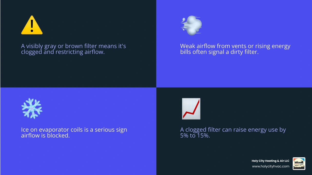 Infographic showing signs a clogged air filter restricts airflow in home HVAC and car engine systems infographic