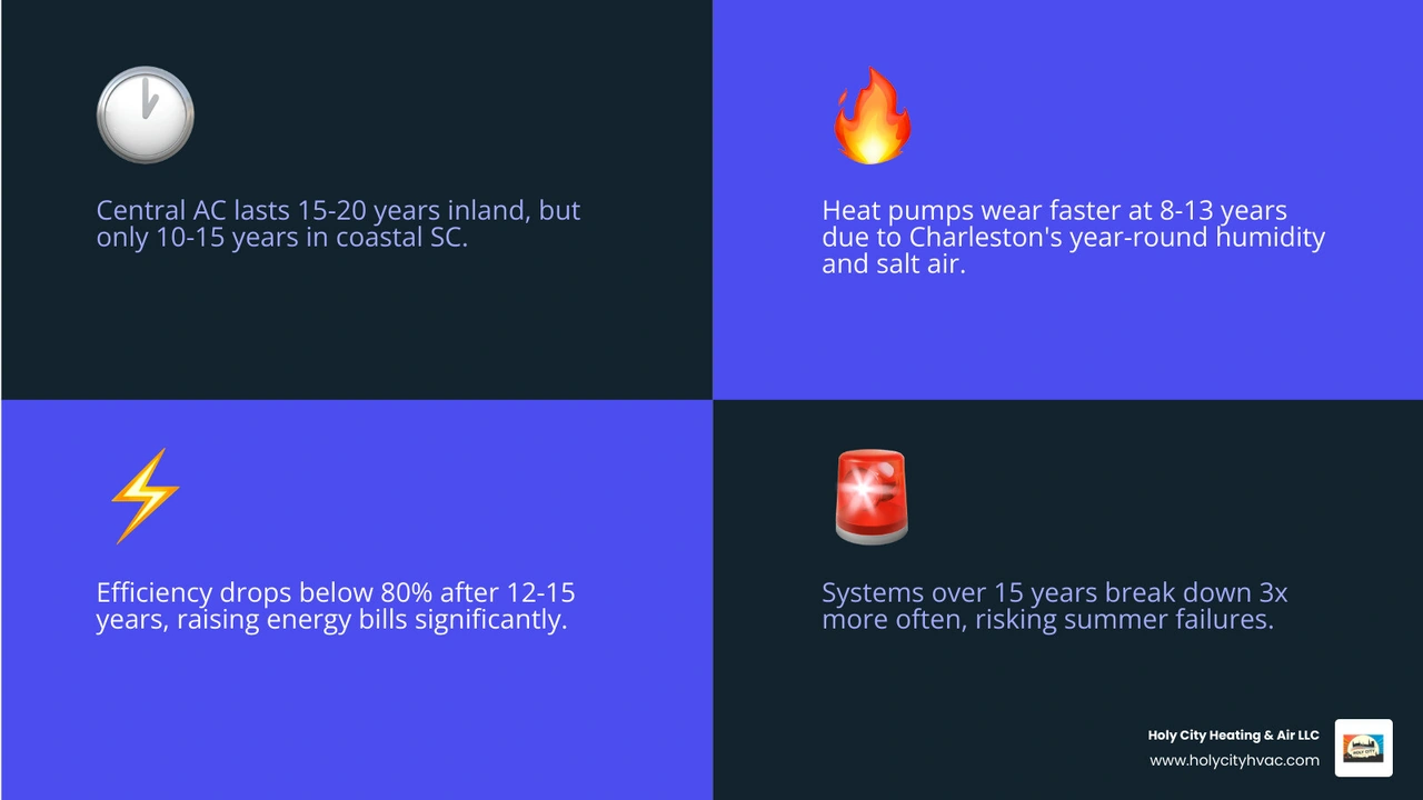 Infographic showing the typical lifecycle of residential HVAC systems from installation to retirement, including efficiency Infographic showing the typical lifecycle of residential HVAC systems from installation to retirement, including efficiency