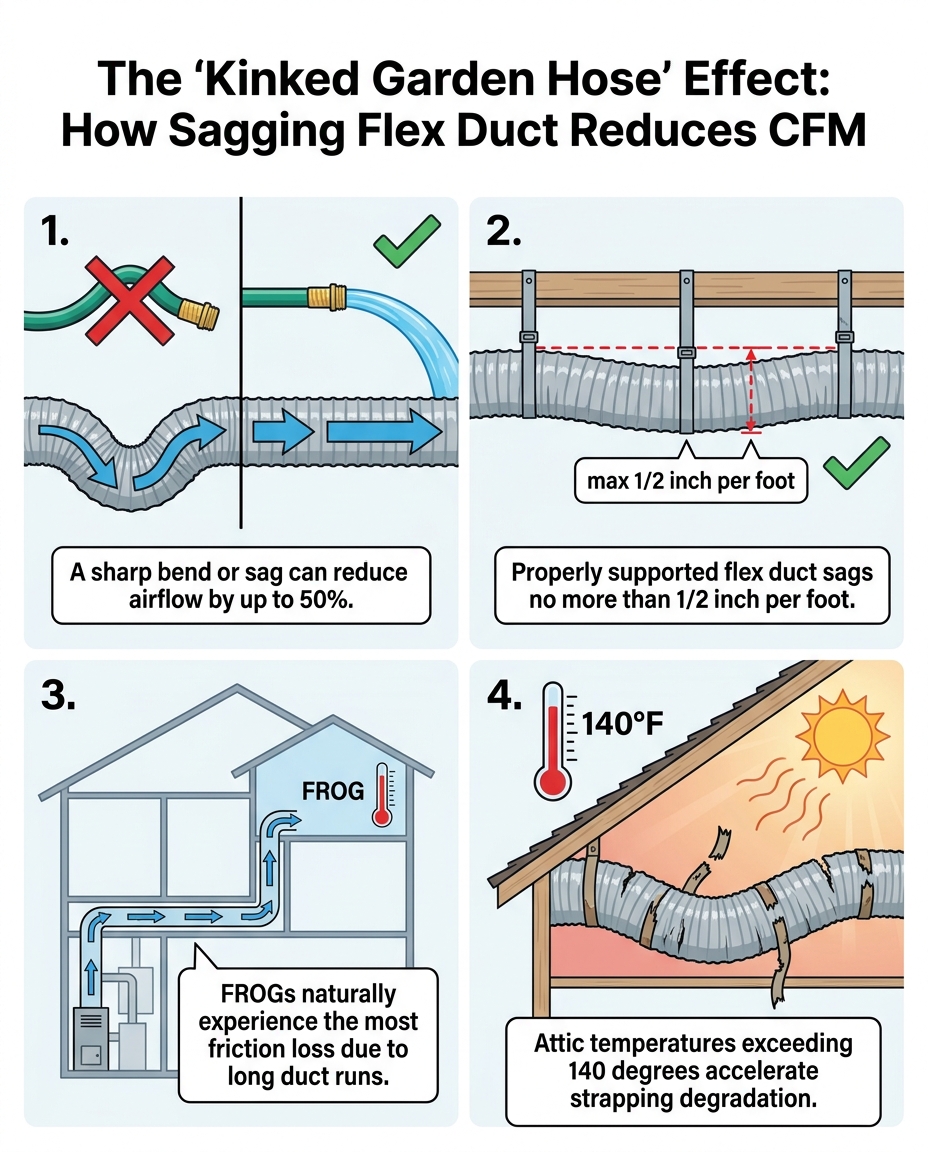 The 'Kinked Garden Hose' Effect: How Sagging Flex Duct Reduces CFM