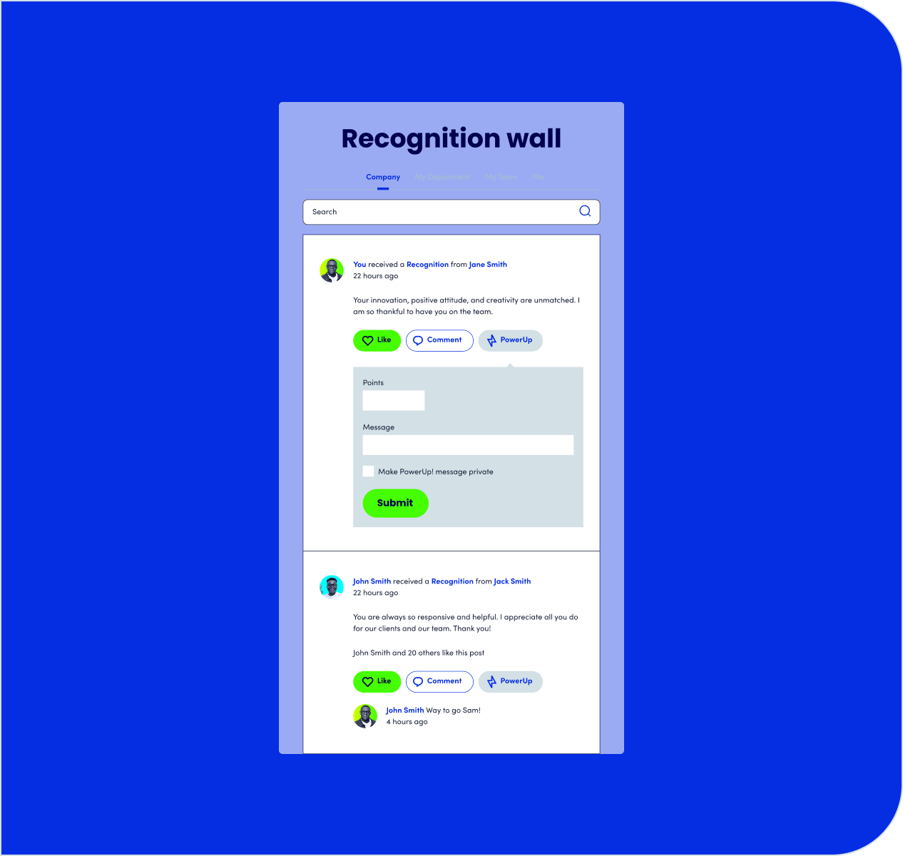 Recognition wall feed with posts.
