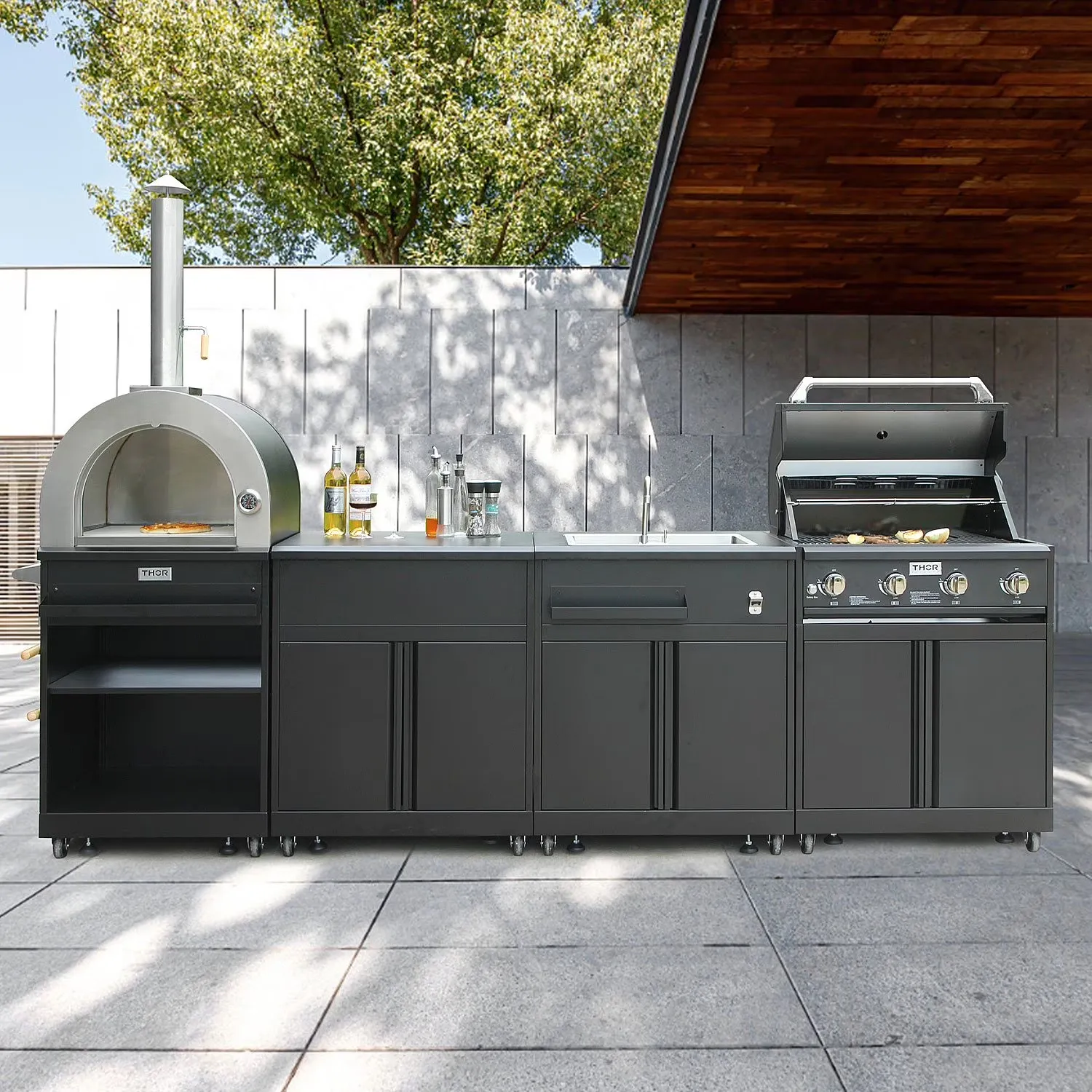 Outdoor kitchen built on travertine paver patio, Southlake TX