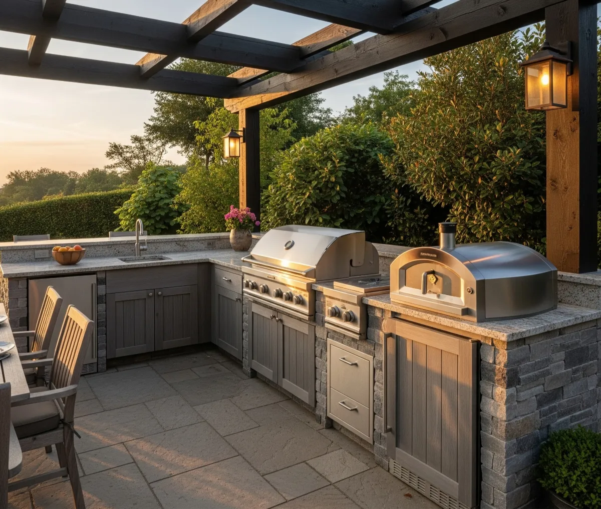 Outdoor kitchen island with pergola cover and paver patio