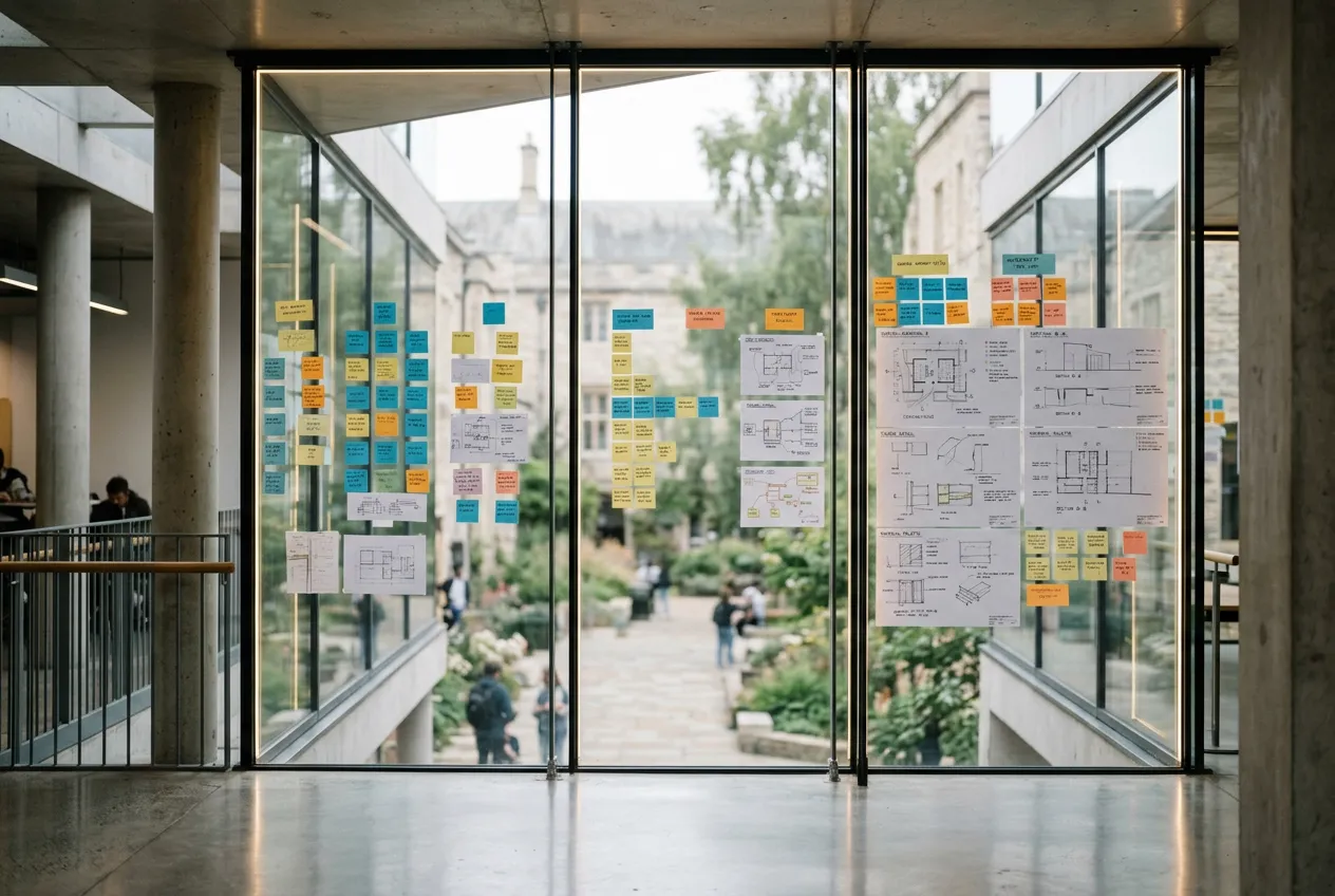 Glass wall in a modern building covered with colorful sticky notes and technical architectural drawings, overlooking people walking in a garden courtyard outside.