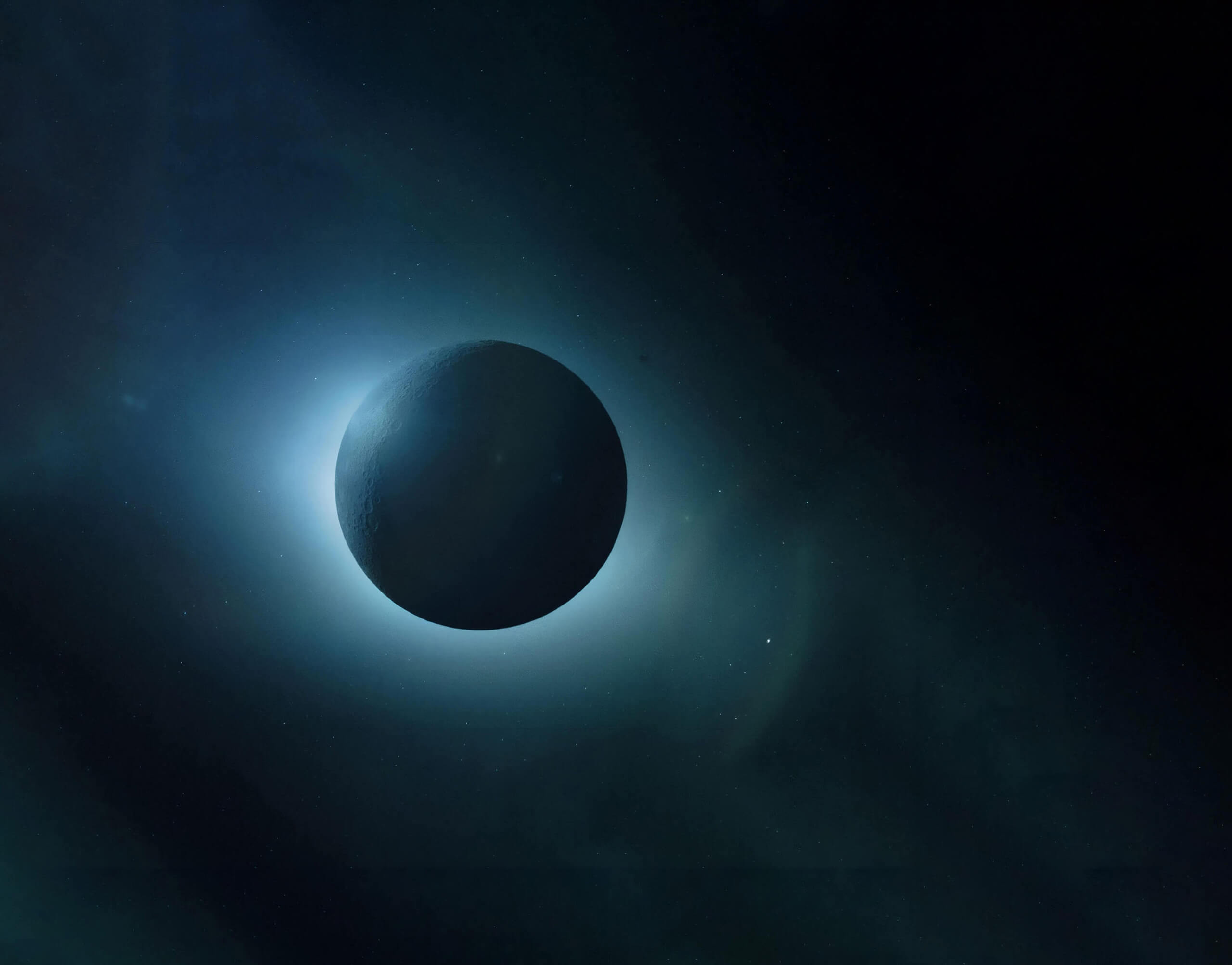 A dark celestial body, possibly a moon or planet, illuminated from behind with a glowing blue halo against a starry space background.