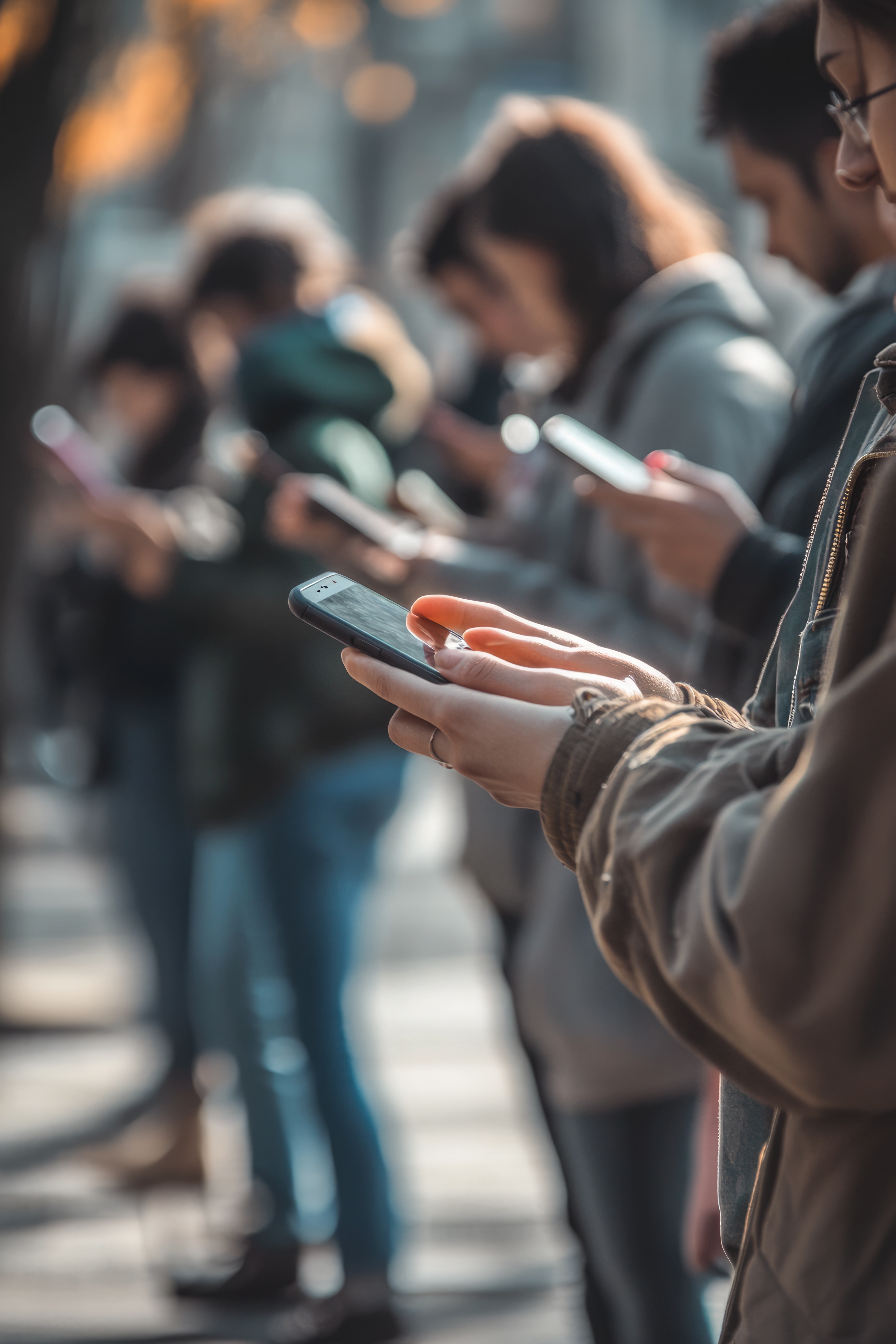 A row of people standing outdoors, each focused on their smartphones, with the foreground person tapping on the screen.