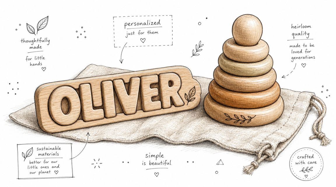 A wooden puzzle name sign reading Oliver and a wooden stacking toy on a linen fabric background.
