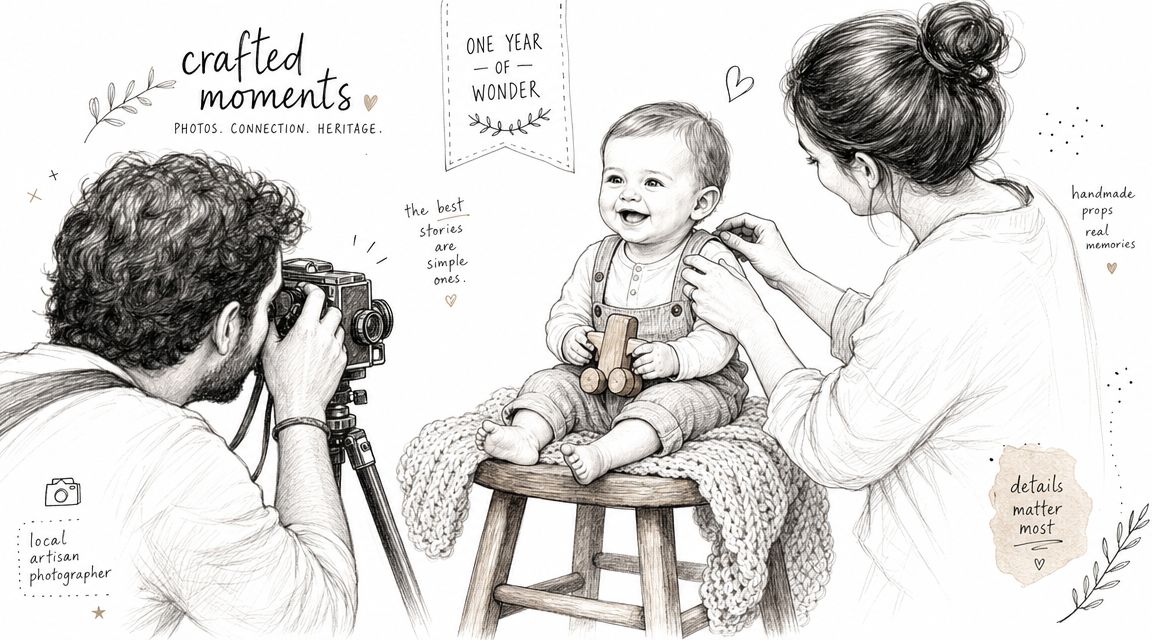 A pencil sketch of a professional photographer capturing a portrait session of a smiling baby on a stool.