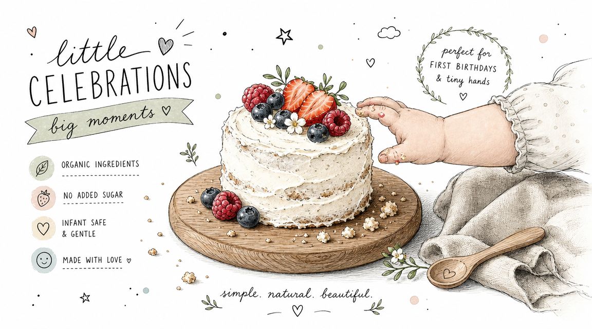 A hand-drawn illustration featuring a birthday cake, berries, and a baby's hand reaching for a treat.