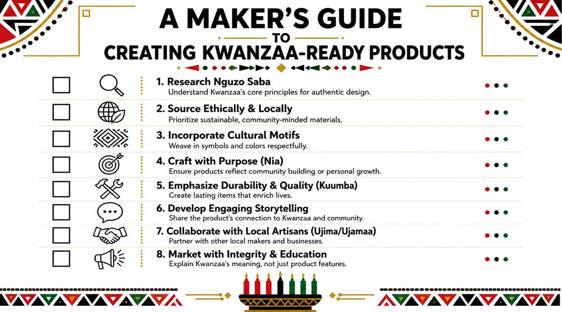 An infographic list titled A Maker's Guide to Creating Kwanzaa-Ready Products with eight actionable steps.