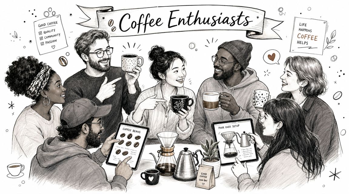 A group of diverse people gathering around a table enjoying coffee and discussing coffee brewing methods together.