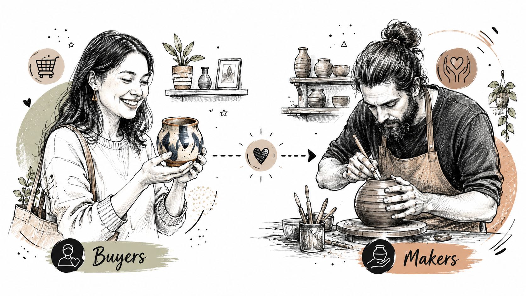 A line-drawing illustration showing a woman buying pottery and a man crafting handmade ceramics in a workshop.