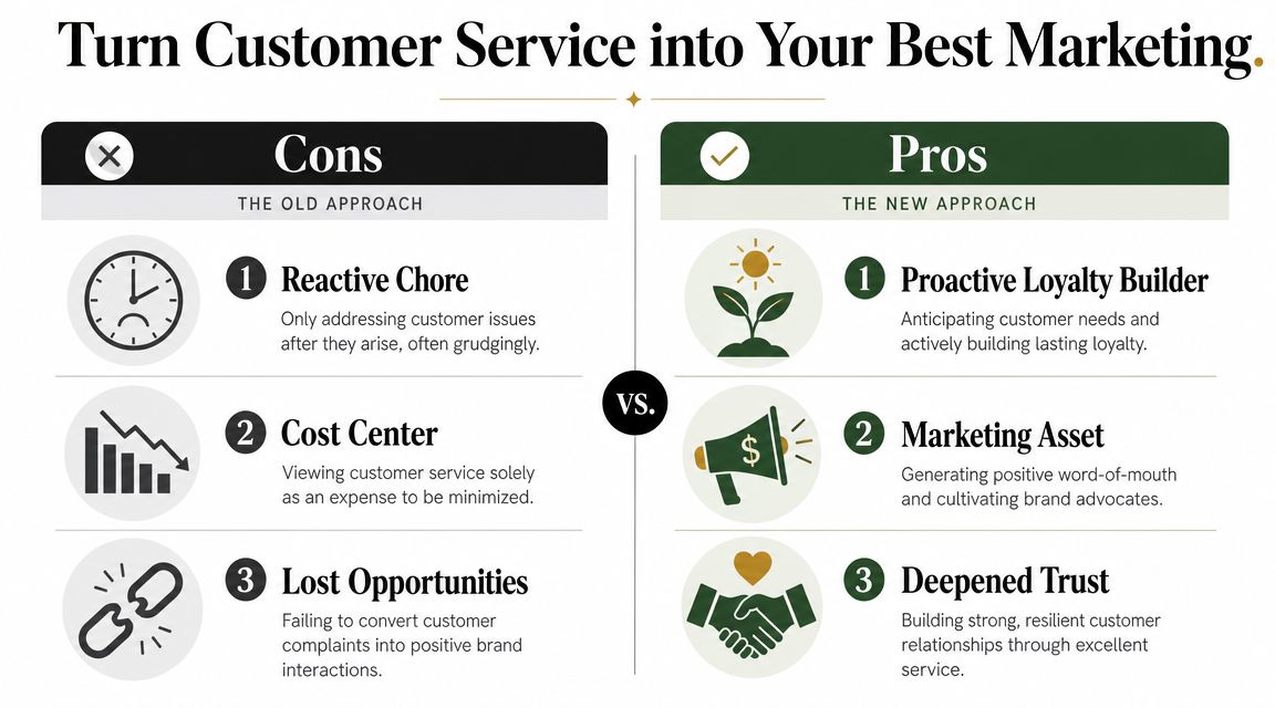 A comparison chart showing how customer service evolves from a reactive cost center into a marketing asset.
