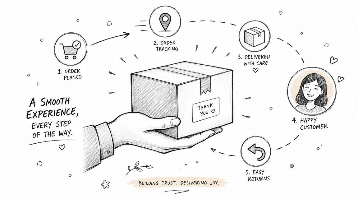 A hand holding a package in a process flow illustrating steps from order placement to customer satisfaction.